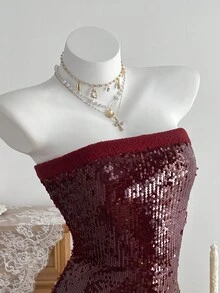 SHEIN Unity Sequin Embellished Strapless Faux Fur Bodycon Dress For Women - Red - View 4