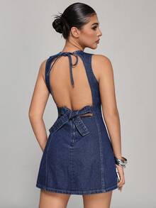SHEIN PETITE 女式性感露背系带腰牛仔连衣裙，夏季 - 深色水洗藍 - 查看 8