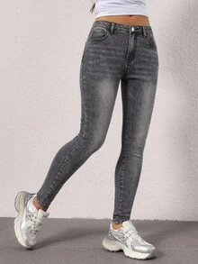 Jeanoix Women's Fashionable Washed Slant Pocket Skinny Jeans, Autumn - Grey - View 6