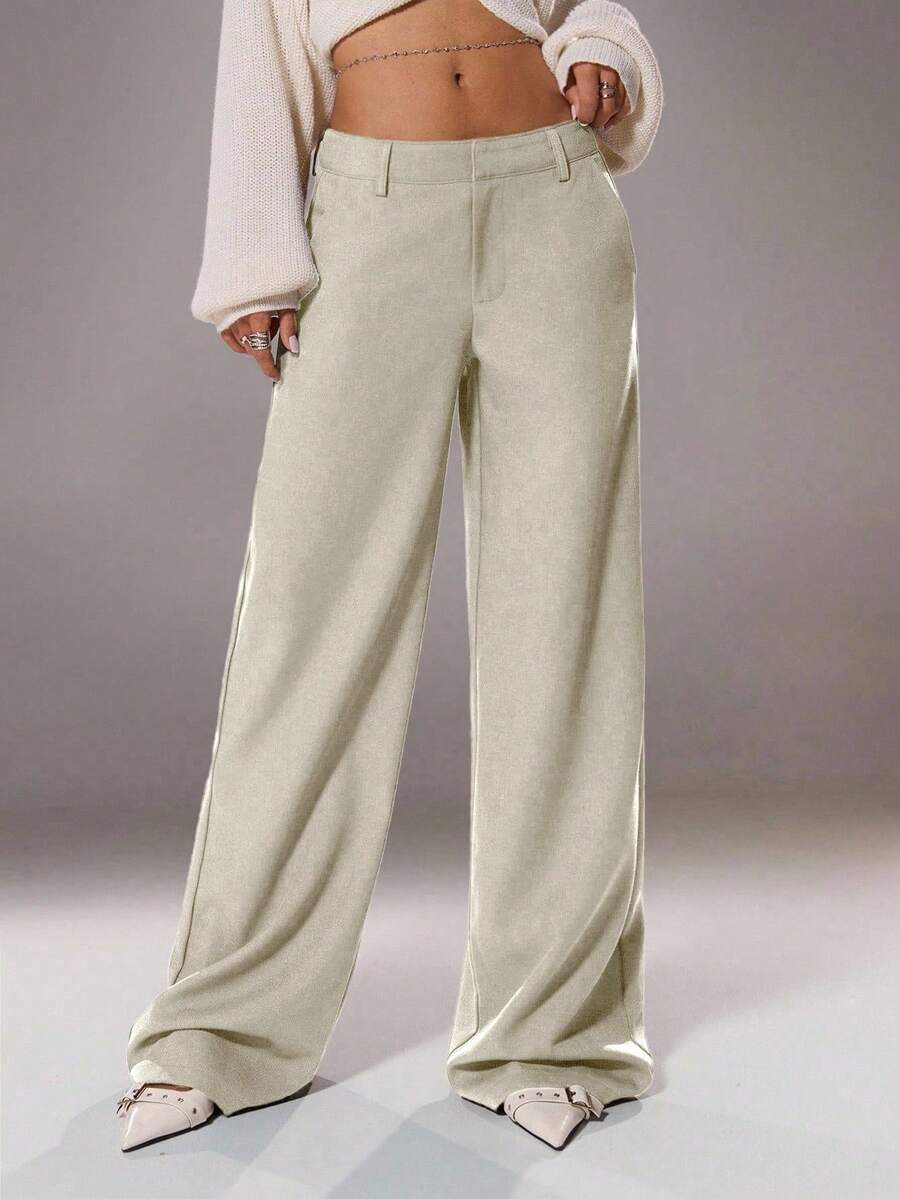 SHEIN Unity Quần ống rộng cạp cao thanh lịch tối giản dành cho nữ, quần dài thon gọn đa năng - Màu be - Xem 1