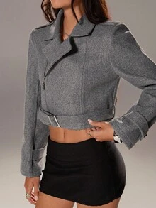 Flirla 1pc Women's Grey Short Jacket With Metal Zipper, Metal Button Decor, Belt, Suitable For Work, Commute, Casual Wear, Autumn - Grey - View 6