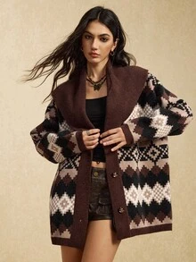 Easelle Vintage Women's Bohemian Style Geometric Pattern Long Sleeve Casual Knit Cardigan, Christmas Sweater Autumn/Winter New Year