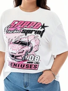 SHEIN EZwear Áo thun cổ tròn tay ngắn họa tiết đua xe màu hồng cỡ lớn, mỏng nhẹ, áo chui đầu thường ngày cho người cỡ lớn - trắng - Xem 5