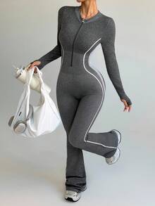 SHEIN Dewbera Women's Zipper Jumpsuit Flared Leg Tight Pants - Dark Grey - View 5