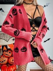 Áo khoác len cardigan dài tay trễ vai họa tiết bí ngô Halloween thời trang thu đông cho nữ - Màu Hồng Tươi - Xem 6