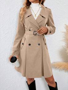 SHEIN PETITE Elegant Commuter Fashion Versatile Autumn/Winter Women's Turndown Collar Double-Breasted Slant Pocket Long Sleeve Waist Cinched A-Line Slim Fit Trench Coat - Khaki - View 3