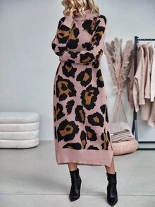 EMERY ROSE 女式豹纹提花高领长袖开衩针织毛衣裙 - 彩色 - 查看 5