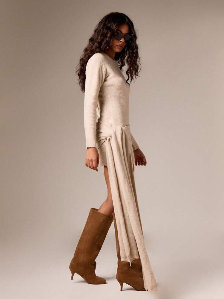 Long Sleeve Knitted Mini Dress With Front Tie Detail