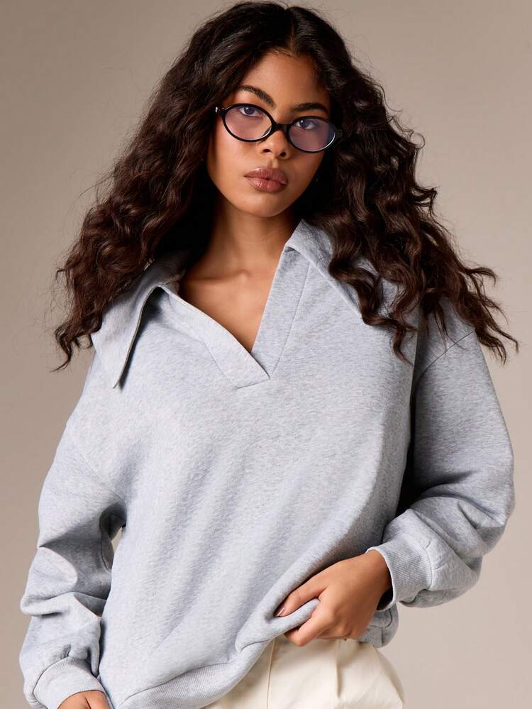 AiiRZ Oversized Pilgrim Collar Sweatshirt Retro Style Collar Detail Relaxed Fit French Terry Drop Shoulder Long Sleeve Pullover Casual Daily Wear