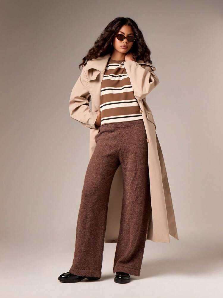 Wide Leg Knitted Palazzo Pants With Ribbed Waistband