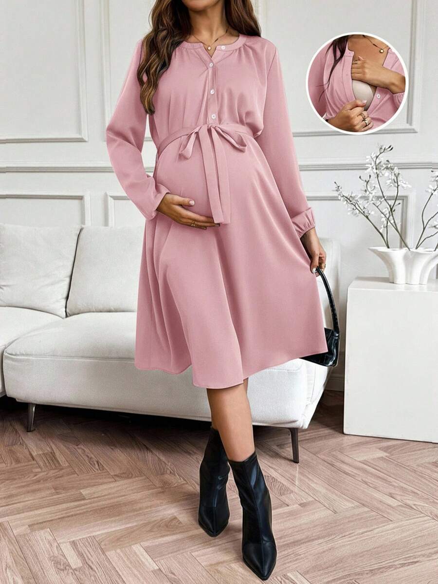 SHEIN Vestido de manga larga con botones de unicolor para maternidad y lactancia, otoño - Rosa - Ver 1
