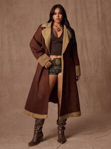 Rustia Veste mi-longue épaisse à la taille cintrée,  et fausse laine d'agneau, colorbloquée, élégante et vintage, pour femmes grandes tailles, pour l'automne/hiver