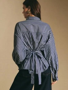 Poéselle 女士衬衫，后腰系带，宽松蓝色条纹衬衫，纽扣门襟，长袖衬衫，休闲女士通勤条纹系带衬衫，秋冬季 - 藍色 - 查看 1