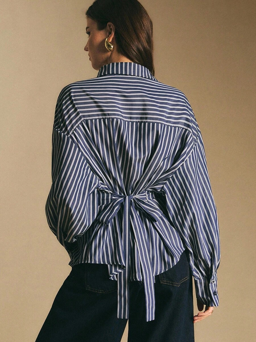 Poéselle 女士衬衫，后腰系带，宽松蓝色条纹衬衫，纽扣门襟，长袖衬衫，休闲女士通勤条纹系带衬衫，秋冬季 - 藍色 - 查看 1