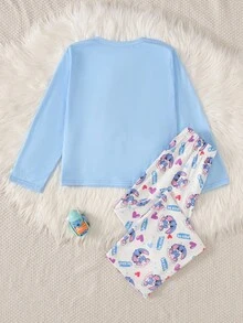 SHEIN طقم بيجامة كاجوال من الفلانيل للفتيات المراهقات، طباعة جرافيك جميلة - ازرق وابيض - مشاهدة 2