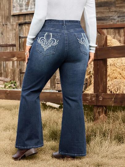 EMERY ROSE Plusstorlekar Dam Vintage Broderade Denim Jeans, Höst/Vinter