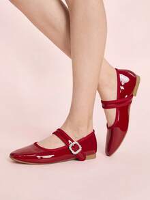 CUCCOO DOLLMOD Women's Solid Color Glossy Buckle Design Casual Flat Loafers - Burgundy - View 3