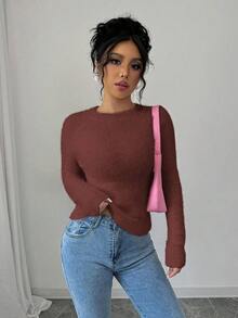 SHEIN LUNE Sweater Kasual Wanita Lengan Panjang Raglan Leher Bulat Warna Polos, Pas Badan, Musim Gugur/Dingin - Coklat - View 6