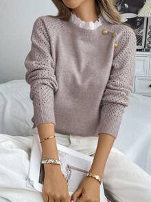 SHEIN LUNE 全新花卉装饰圆领宽松休闲女式毛衣 - 卡其色 - 查看 5