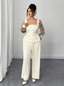 Elenzga Plus Size Women Elegant Contrast Mesh Embroidered Long Sleeve Blouse And High Waist Wide Leg Pants 2 Pieces Set - Apricot - View 1
