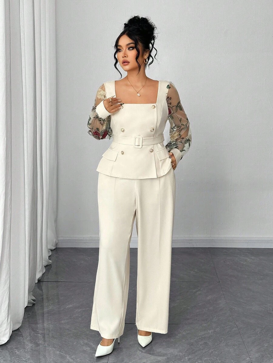 Elenzga Plus Size Women Elegant Contrast Mesh Embroidered Long Sleeve Blouse And High Waist Wide Leg Pants 2 Pieces Set - Apricot - View 1