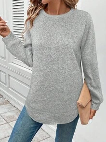 SHEIN LUNE 女士圆领基本款不对称下摆保暖内衬休闲舒适卫衣，秋冬女装，灰色上衣，秋季，女士秋装，休闲 - 灰色 - 查看 3