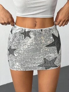 SHEIN PETITE Falda con estampado de estrellas y lentejuelas para mujer, adecuada para fiestas, Halloween, Navidad, discotecas, de alta calidad, elegante, brillante y sexy. Falda con lentejuelas plateadas y estampado de estrellas, estilo de fiesta de Halloween y Navidad, estilo personalizado y brillante. - Plateado - Ver 9