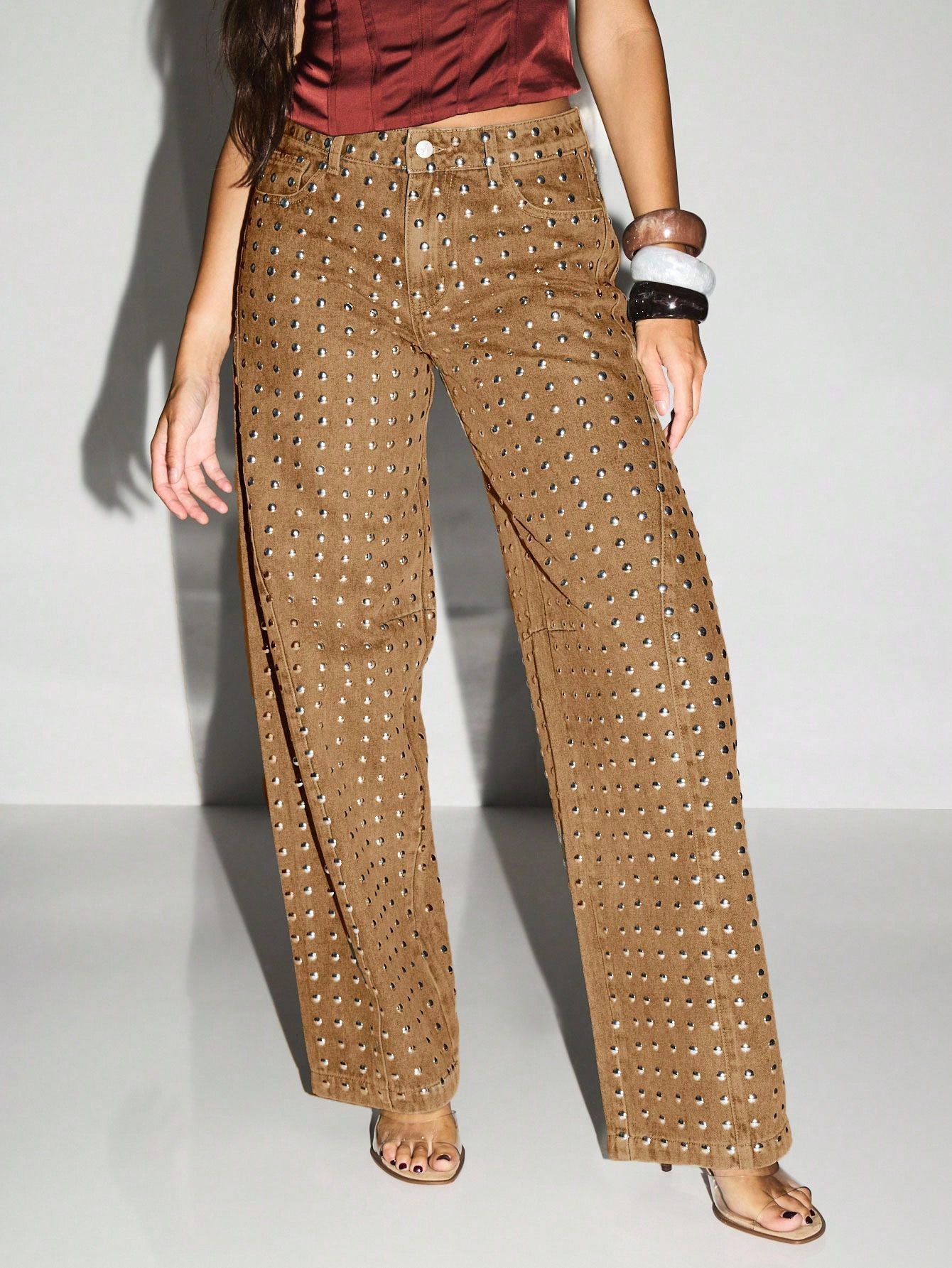 KIZN Wide Leg Studded Denim Jeans With Metal Embellishments