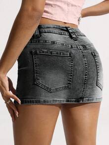 SHEIN ICON Váy denim mini ôm sát gợi cảm thời trang dành cho nữ - màu đen - Xem 3