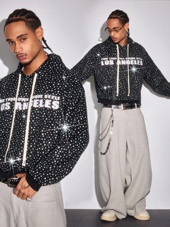 Street Life Herren Kapuzenpullover mit amerikanischem Straßenstil Metallfolie Effekt Englisch Grafik Muster, Herbst