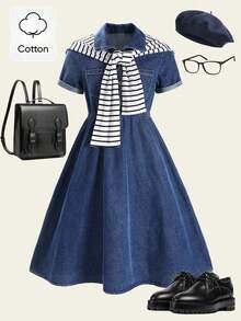 Vestido vaquero de manga corta con cuello de chal a rayas, estilo vintage, para niñas jóvenes de vuelta al colegio en primavera/verano. Adecuado para niñas jóvenes en primavera/verano, vestido elegante de cintura alta y estilo coreano casual para salidas, uso diario, vacaciones.