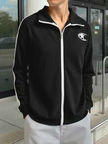 SHEIN Chaqueta de punto con estampado de logo de estrella casual para adolescentes, versátil y adecuada para ir y venir, la escuela, el uso diario casual, los viajes, las fiestas al aire libre, los deportes, otoño/invierno