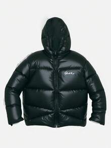 SHEIN Teenager Boys' Casual Letter Slogan Print Hooded Zip-Up Jacket Outerwear Bomber Jacket Puffer Padded Coat, Versatile All-Match Jacket Suitable For Commuting, School, Casual, Travel, Outdoor, Party, Fall Autumn And Winter Clothes - Black - View 3