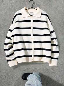 SHEIN White Striped Collared Drop Shoulder Knit Cardigan Sweater For Teenage Boys,Autumn Back-To-School Versatile Casual Knitwear For School,Daily,Party - Multicolor - View 2