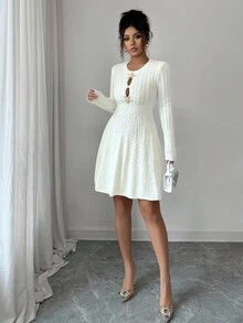 Franclia Women's White Gold Cable-Knitted Dress,Elegant Autumn Tea Party Round Neck Hollow Shoulder Long Sleeve Sweater Umbrella Hem Slim Fit Wedding Dress - Apricot - View 8