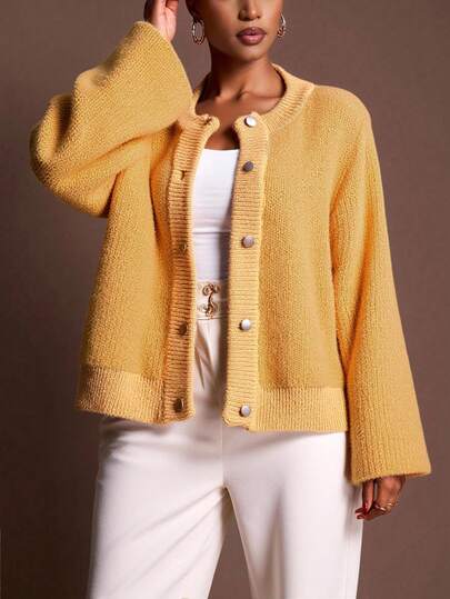 Veslaya Novo Lançamento Outono/Inverno 2025, Elegante e Digno, Adequado para Encontros, Festas, Reuniões, Uso Casual Diário, Cardigan de Malha Aberto na Frente de Manga Longa Sólido Marrom Mostarda Folgado, Plus Size Feminino