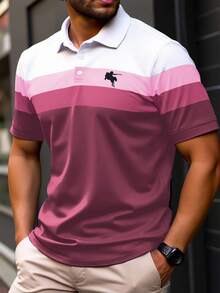 Manfinity Homme Plus Size Men's Casual Commuter Striped Short Sleeve Polo Shirt - Coral Pink - View 1