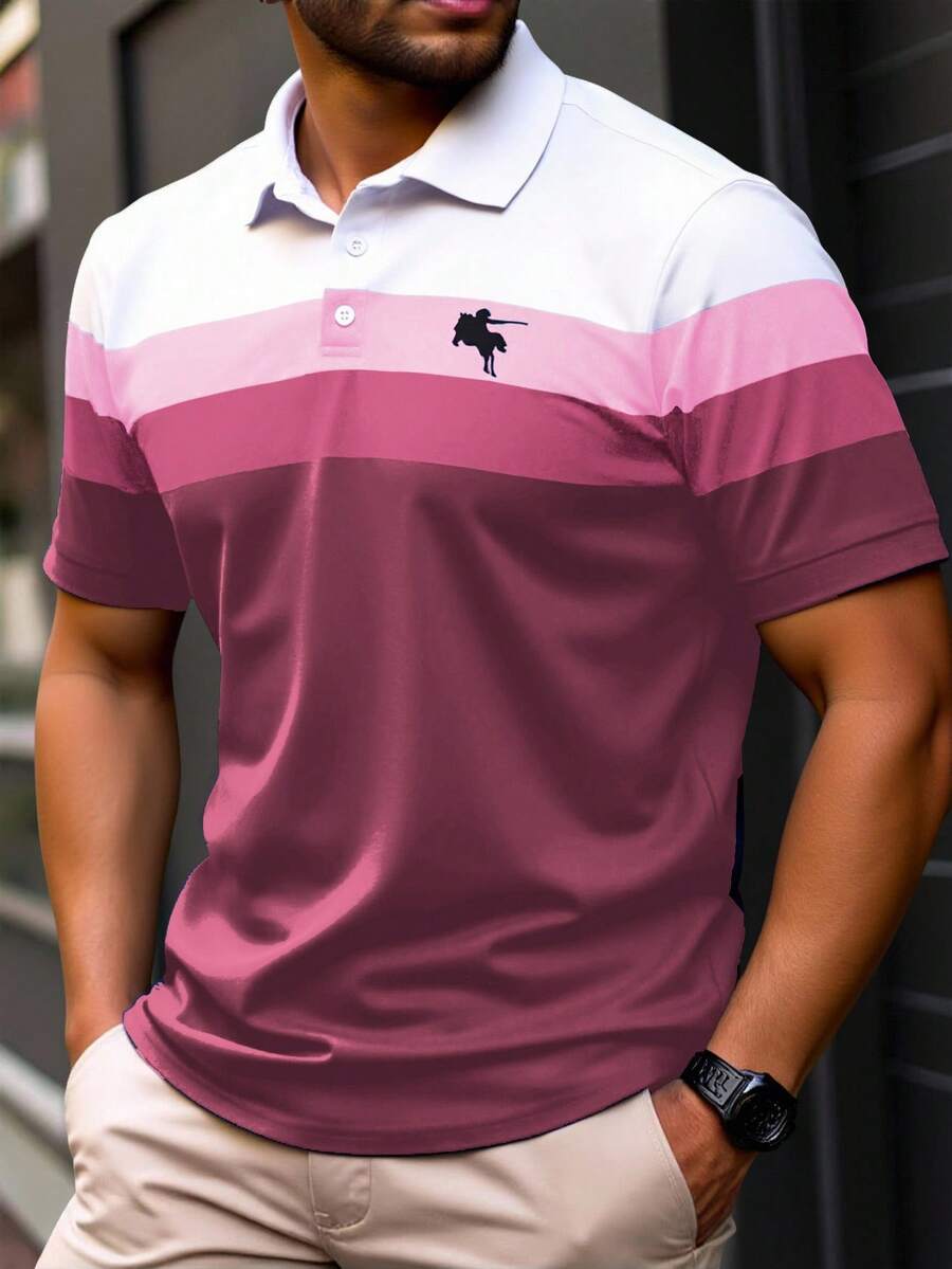 Manfinity Homme Plus Size Men's Casual Commuter Striped Short Sleeve Polo Shirt - Coral Pink - View 1