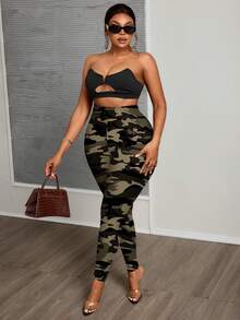 Slaydiva Casual Minimalist Music Festival Camouflage Print Plus Size Leggings, Suitable For Spring And Autumn