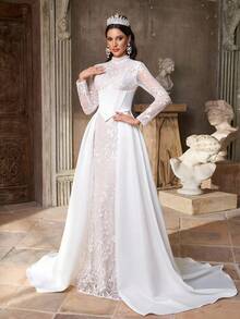 Aureia Elegant, Luxurious And Romantic White Mandarin Collar Long Sleeve French Lace And Chiffon With Pleated Satin Oversized A-Line Hem, Suitable For Weddings, Parties, Vacations, Graduations, Bridal Gowns