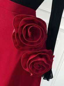 SHEIN Clasi Eleganter A-Linien-Rock in Große Größen mit 3D-Blumendekoration - Bordeaux - Übersicht 3