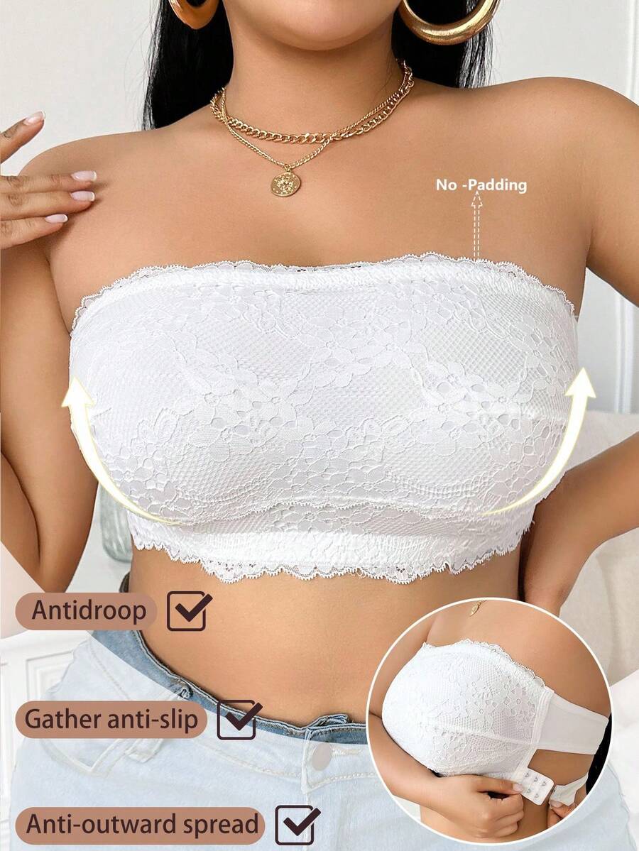 SHEIN White Lace Plus Size Backless Bra With Plant Pattern And Non-Slip Broadside Design