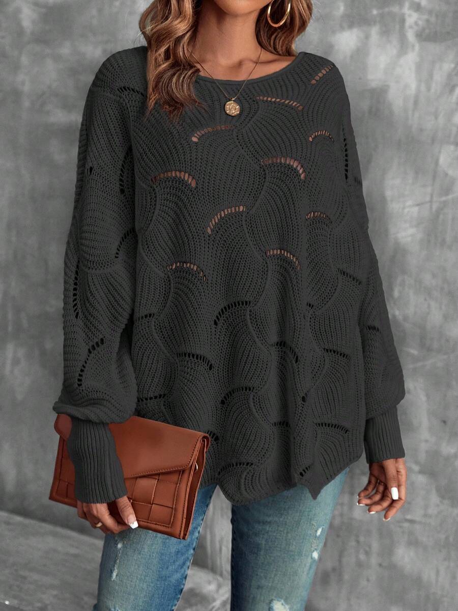 EMERY ROSE Suéter casual de cuello redondo de unicolor con diseño calado - Gris Oscuro - Ver 1