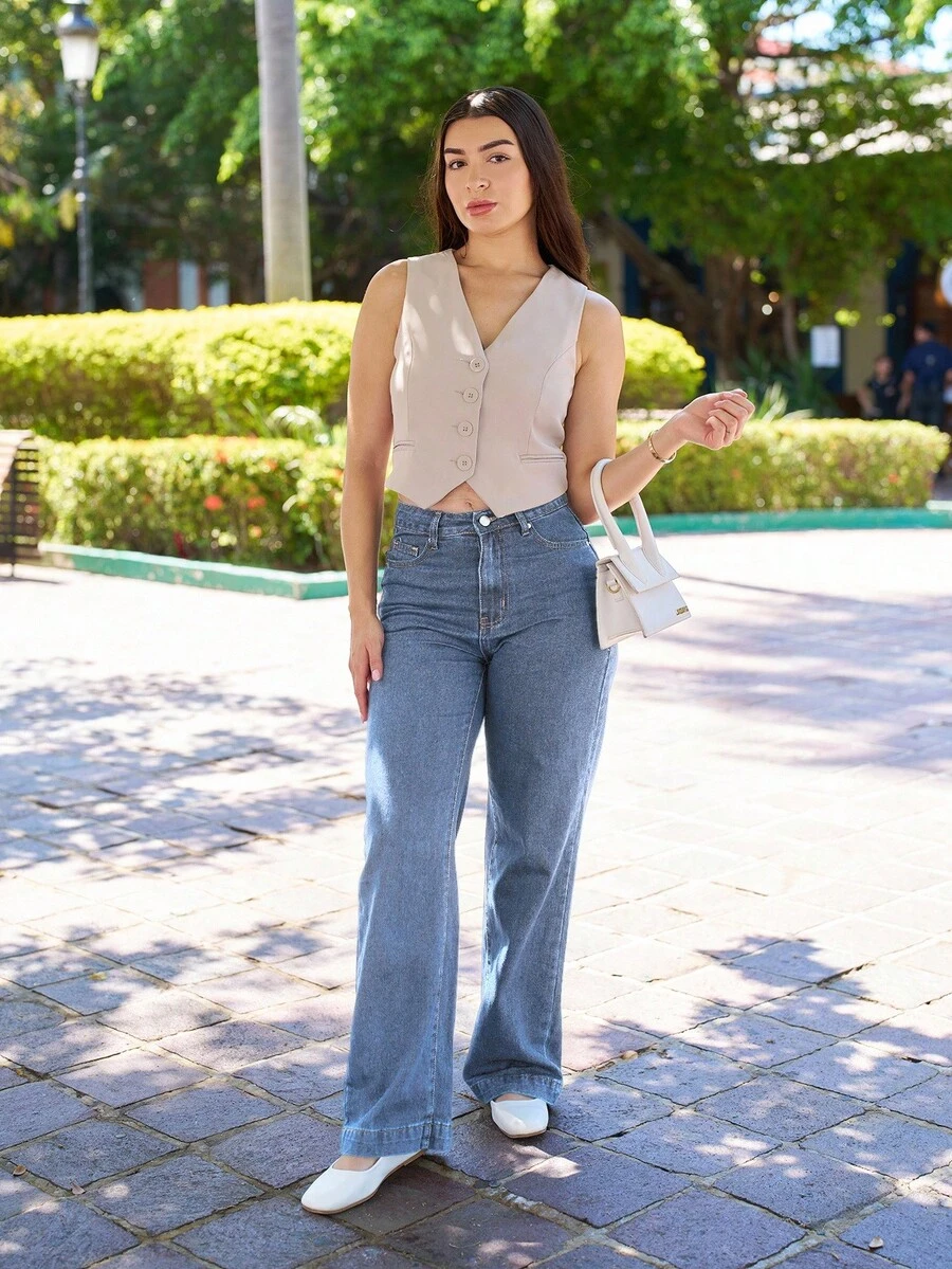 Andrea Bello 高腰闊腿褲 - 淺色水洗藍 - 查看 1