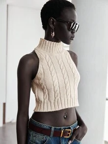 Lumivelle 2025 Women's Autumn/Winter New Fashion Twist Knit Turtleneck Sleeveless Sweater Vest - Apricot - View 4