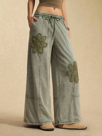 Easelle 女式3D花卉装饰抽绳腰口袋阔腿宽松休闲裤