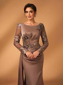 Serin Đầm dạ hội dài tay dáng đuôi cá sang trọng, thanh lịch với họa tiết ren thêu phối ren, chất liệu satin co giãn, xếp ly và voan mỏng, thích hợp cho đám cưới, tiệc tùng, kỳ nghỉ, dạ hội, váy dạ hội cho mẹ cô dâu, ngày Valentine. - Cà phê nâu - Xem 1