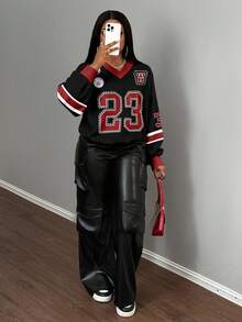 Slaydiva 2025 Autumn/Winter Casual Minimalist Jersey Design Sweatshirt, Number 23 Rhinestone-Effect Contrast Trim V-Neck Loose Fit Hoodie, Black