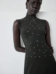 SHEIN Luminelle Elegancka, bezrękawnikowa sukienka sweterkowa z kryształkami dla kobiet - Czarne - Zobacz 7