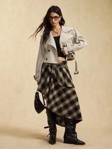 Easelle Vintage Nomadic Turndown Collar Button Short Waist Cinched Women Trench Coat Jackets For Women Casual Outerwear Women Short Trench Coat Trench Coat Women Cropped Trench Coat In Fall/Winter - Khaki - View 5